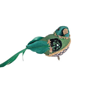 Mackenzie Childs Emerald Luxe Courtly Check Bird Ornament Clip On, Right Facing